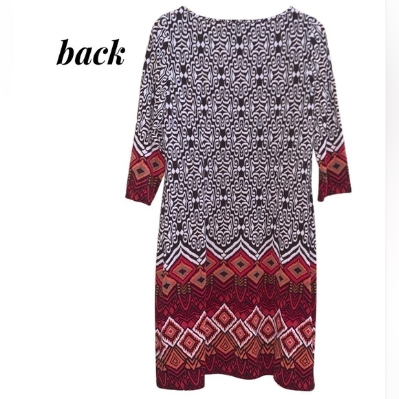 NINE WEST 3/4-sleeve Dress Stretch Straight Hem Aztec Brown Red Orange Womens 12 - Picture 5 of 11